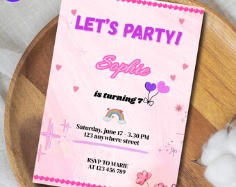 Girl Birthday Invitation Party Ballon Rainbow Editable Birthday Template Memories Download Invite Canva Editable Theme Party