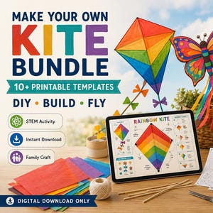 May include: A DIY kite bundle featuring printable templates for a rainbow diamond kite, a butterfly kite, a rocket kite, and a dragon kite. Includes colorful tissue paper, wooden dowels, string, scissors, glue, and a tablet displaying instructions.