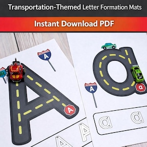 May include: Two white sheets with the text "Drive, Trace & Learn!" and "Letter Roads Alphabet Printables." The sheets feature letter outlines designed as roads with toy cars on them. The letter "A" is shown in uppercase and lowercase.