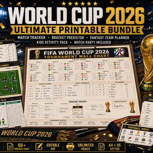 Puede incluir: Un conjunto de materiales imprimibles de la Copa Mundial 2026, que incluye una tabla de torneos, un rastreador de partidos, un predictor de corchetes, un planificador de equipos de fantasía y un paquete de actividades para niños. También se ve un trofeo dorado y un balón de fútbol.