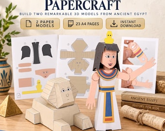 Utskrivbart papperspysselset med Kleopatra och sfinx, 3D-pappersmodeller av forntida Egypten, historiapyssel för barn, aktivitet i klassrummet i PDF-format