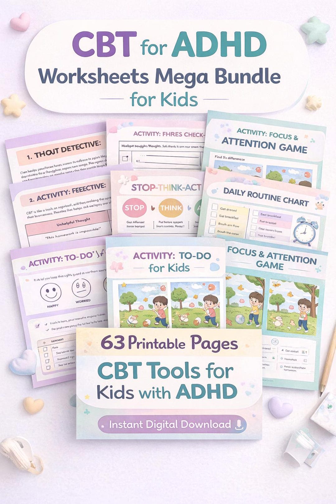 CBT for ADHD Worksheets Mega Bundle for Kids | Printable Focus ...