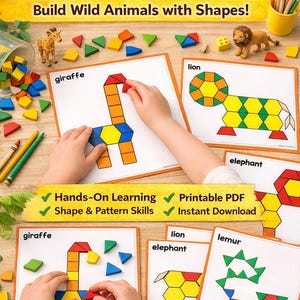 May include: Educational Safari Pattern Block Mats with text: "SAFARI Pattern Block Mats Build Wild Animals with Shapes!" and "Hands-On Learning Printable PDF Shape & Pattern Skills Instant Download Learn Build Explore". Includes giraffe, lion, and elephant designs.