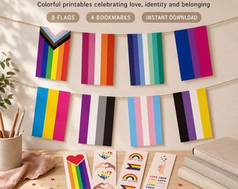Utskrivbar Pride-flagga och Love Yourself-bokmärken, HBTQ-festdekor, regnbågsbokmärkesset, direktnedladdning för firande