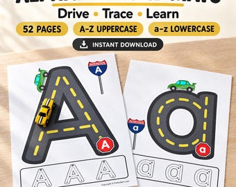 May include: Alphabet road mats featuring 52 pages of A-Z uppercase and a-z lowercase letters designed as roads with yellow dashed lines. Includes illustrations of cars, interstate signs, and practice tracing boxes for the letter A and a.