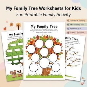 May include: Three printable family tree worksheets for kids. The worksheets feature tree illustrations with spaces for family members' names. The text reads "My Family Tree Worksheets for Kids Fun Printable Family Activity."