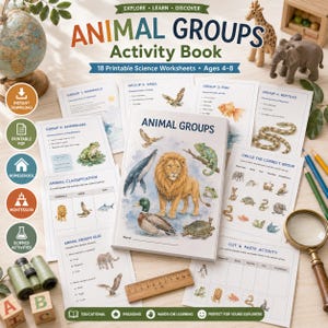 以下が含まれることがあります： 4歳から8歳向けの科学ワークシート18枚を収録した動物グループ学習帳。ライオン、クジラ、アヒル、カメなどの動物のイラストが描かれた様々な学習ページに加え、木製の定規と拡大鏡が含まれています。