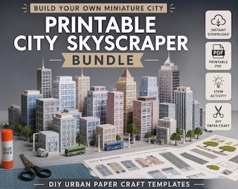 Utskrivbart papperspysselpaket med stadsskyskrapor | Miniatyrstadsbyggnader i PDF-format (digital nedladdning)