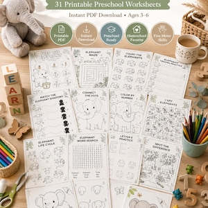 May include: An Elephant Activity Bundle featuring 31 printable preschool worksheets with elephant-themed games, mazes, and tracing exercises. The pages include titles like Feed the Elephant, Elephant Maze, and Elephant Life Cycle, designed for children ages 3-6.