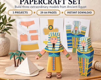Utskrivbart papperspysselset med egyptisk farao, 3D-pyramid- och sarkofagmodeller, forntida Egypten, historiaaktivitet för barn i PDF-format