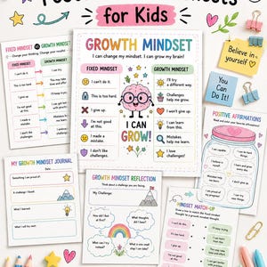 Puede incluir: Pósteres y hojas de trabajo educativos coloridos para niños, centrados en conceptos de mentalidad de crecimiento. Incluye el título "Growth Mindset", ilustraciones y afirmaciones positivas. Con el texto "Instant Download".