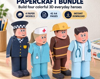 Utskrivbart papperspysselpaket för samhällshjälpare, polis, brandman, läkare och sjuksköterska för barn, karriärpyssel i PDF-format för nedladdning