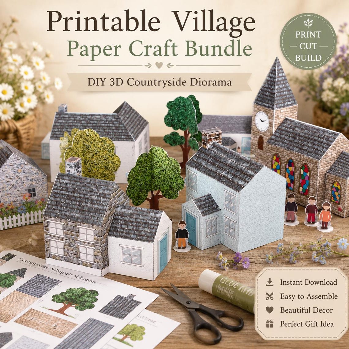 Papercraft Rural Area Making Diy Printable Village Countryside Paper Craft Bundle | DIY 3D Village ...