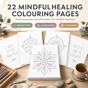 Può includere: Un set di 22 pagine da colorare di guarigione consapevole con disegni a linee bianche e nere, inclusi mandala floreali e testo come I HEAL AT MY OWN PACE e REST IS PART OF GROWTH. Prodotto digitale PDF istantaneo in formato A4.