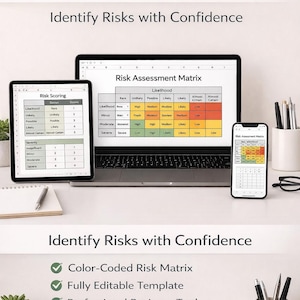 May include: A digital risk assessment matrix is displayed on a laptop, tablet, and smartphone. The text reads "Customizable Risk Assessment Matrix" and "Identify Risks with Confidence." Additional text highlights features like color-coding and instant download.
