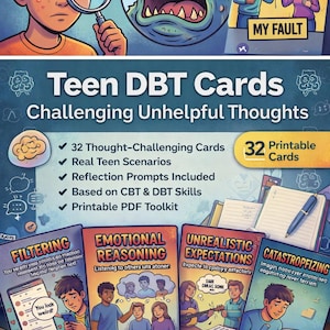 May include: Teen DBT Cards for challenging unhelpful thoughts. The image shows a boy looking at a magnified pimple, a monster, and cards with scenarios. The cards include topics like filtering and emotional reasoning.