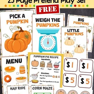Op de afbeelding: Een kleurrijke fantasiespeelset met een pompoenveldthema. De set bevat kaarten met illustraties van pompoenen, een weegschaal, een recept voor een taart en speelgeld. De tekst "Pumpkin Patch" en "25 Page Pretend Play Set" staan bovenaan.