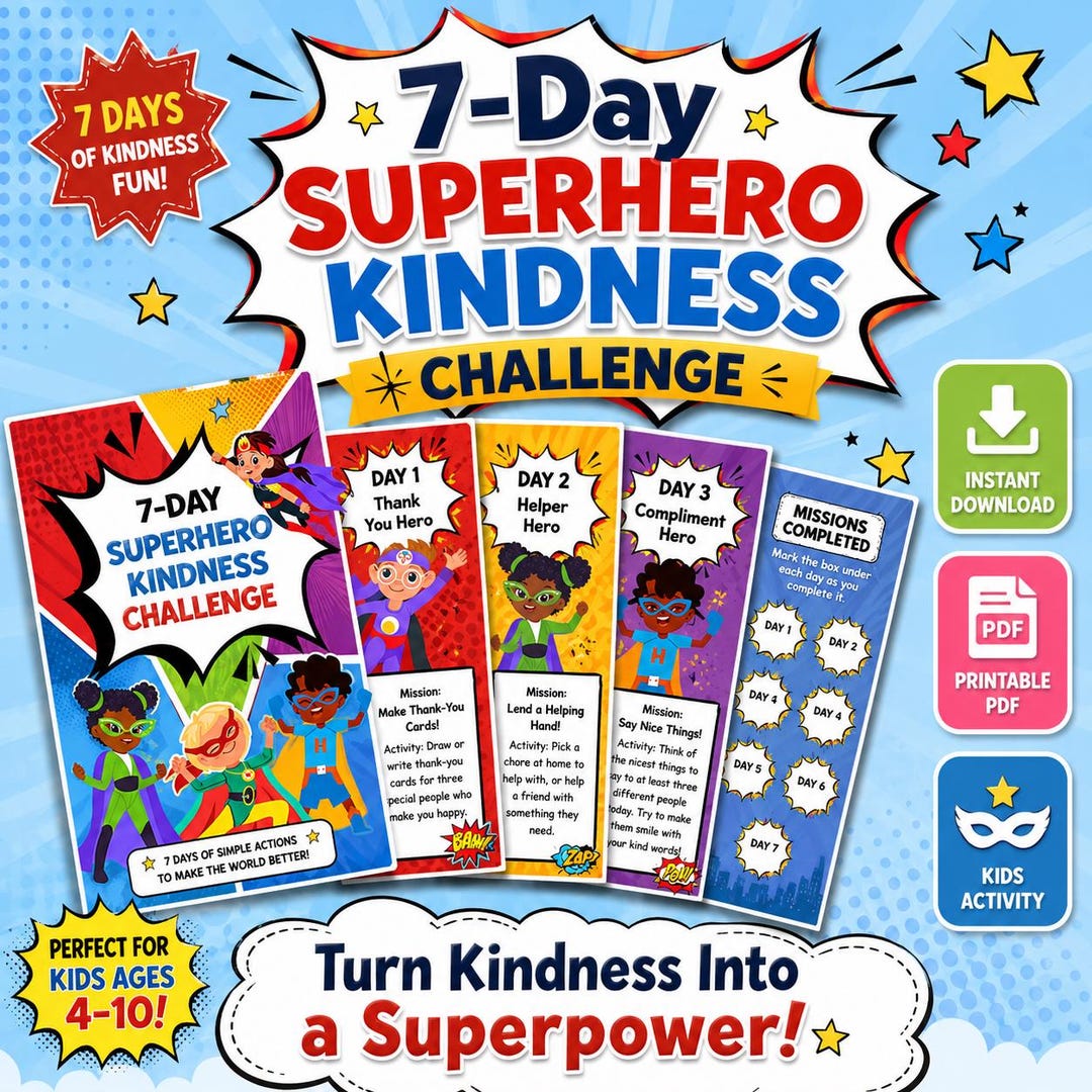 7-day Superhero Kindness Challenge for Kids, SEL Printable Activity ...
