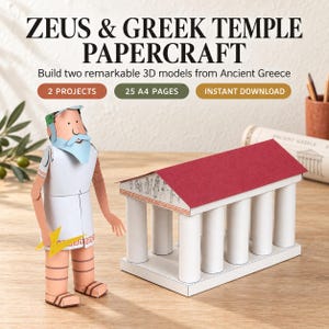 Op de afbeelding: Een papieren knutselset met een 3D-model van Zeus met een blauwe baard en witte toga die een gele bliksemschicht vasthoudt, en een 3D-model van een Griekse tempel met een rood dak en witte zuilen. De tekst luidt: ZEUS & GREEK TEMPLE PAPERCRAFT.