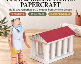 Utskrivbart papperspysselpaket med Zeus och grekiskt tempel, antikens Greklands mytologi för barn, historia och pyssel, 25-sidig A4 PDF digital nedladdning