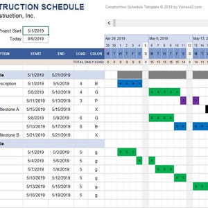 May include: A construction schedule template from ABC Construction, Inc. The schedule spans from May 1, 2019, to May 21, 2019. Tasks are color-coded and labeled. The document includes daily load information and task descriptions.