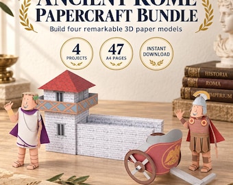 Utskrivbart papperspysselpaket med antikens Rom, romersk kejsare, centurion, vagn och fort, historiaaktivitet för barn i PDF-format för nedladdning