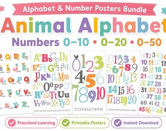 Paket med djuralfabets- och siffrorposters | Dekor för förskoleklassrum (digital nedladdning)