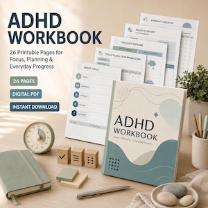 May include: An ADHD workbook with 26 printable pages for focus, planning, and everyday progress. The cover features abstract blue and beige shapes, text, and a star icon. Included are a timer, a green notebook, wooden blocks, and a pen.