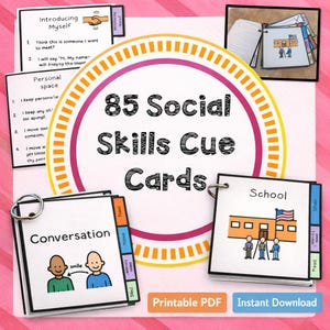 May include: An image of 85 Social Skills Cue Cards. The cards are organized in small booklets with illustrations and text. The image includes the words "Printable PDF" and "Instant Download". The overall color scheme is pink, orange, and white.