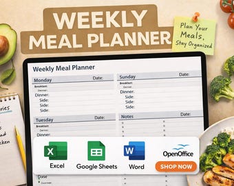 Weekly Meal Planner Google Sheet with Grocery List (Digital Download)