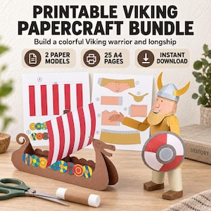 Puede incluir: Un paquete de manualidades de papel de vikingos para imprimir que incluye una figura de guerrero con casco de cuernos y escudo, y un barco vikingo con vela a rayas rojas y blancas. Incluye 2 modelos de papel, 25 páginas A4 y descarga.