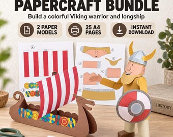 Utskrivbart vikingapapperspyssel i PDF-format, 3D-modeller av vikingakrigare och långskepp, historiepyssel för barn, skolprojekt, digital nedladdning