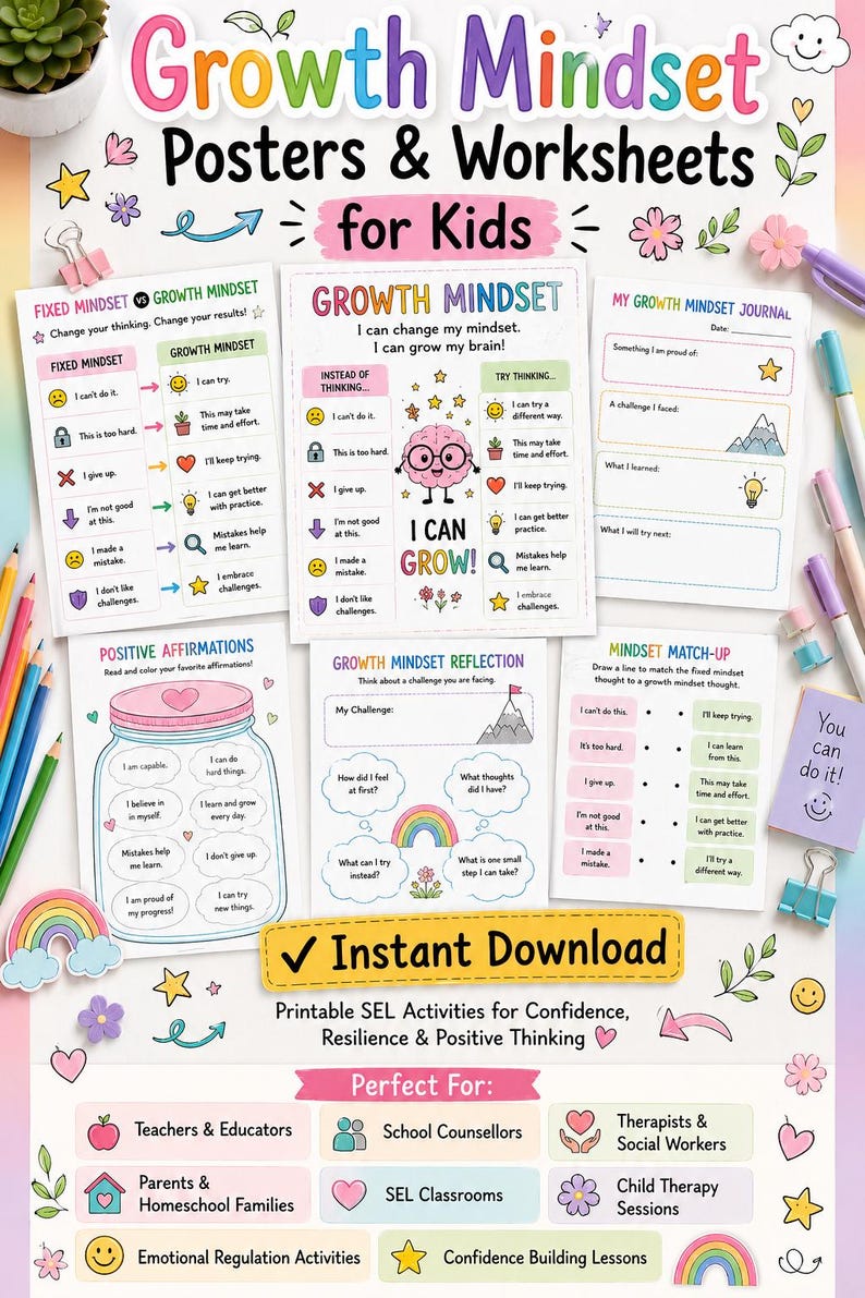 Growth Mindset Poster & Worksheets for Kids | SEL Printable PDF ...
