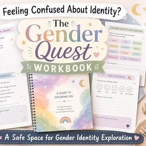 Może przedstawiać: Podręcznik zatytułowany "The Gender Quest Workbook" z tekstem "A Guide to Exploring You". Okładka przedstawia akwarelową tęczę i księżyc. Dodatkowe strony zawierają podpowiedzi do dziennika, ćwiczenia refleksyjne i codzienne kontrole.