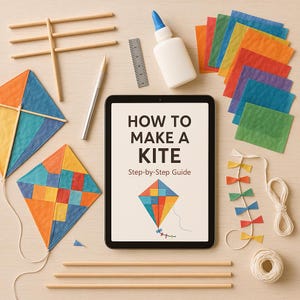 Puede incluir: Imagen cenital con materiales para hacer cometas. Una tableta muestra "How to Make a Kite" con una guía paso a paso. Cuadrados de papel de colores, pegamento, una regla y clavijas de madera están dispuestos alrededor de la tableta, junto con dos cometas.
