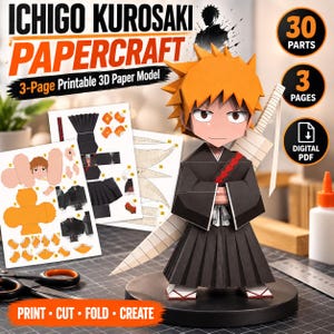 Puede incluir: Un modelo de papel 3D de Ichigo Kurosaki con cabello naranja, un kimono negro y una espada grande. El set incluye 3 páginas imprimibles con 30 piezas, en formato PDF digital. El texto en la imagen dice Ichigo Kurosaki Papercraft.