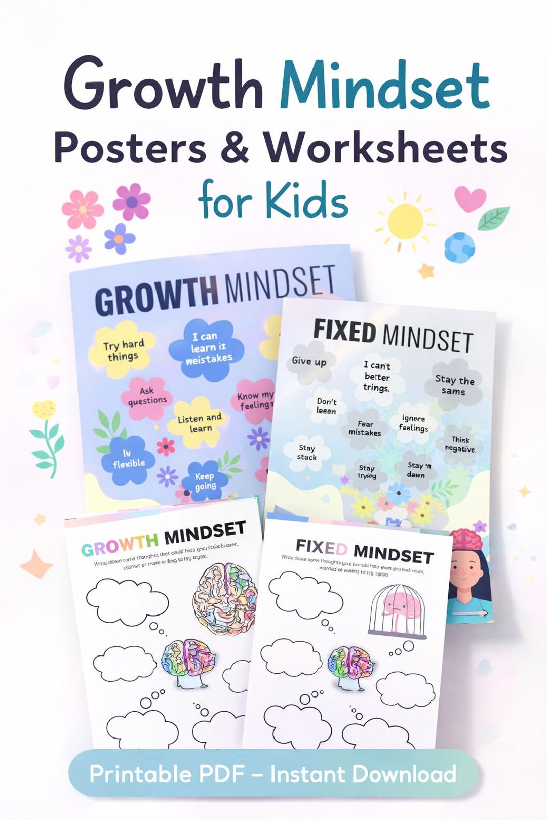 Growth Mindset Posters & Worksheets for Kids, SEL Classroom Decor ...