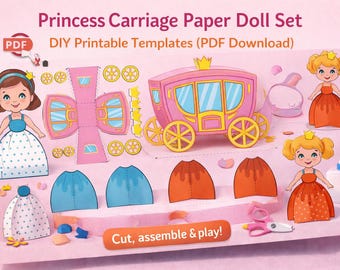 Bonecas de Carruagem de Princesa em Papel, Atividade Artesanal Faça Você Mesmo, Moldes para Imprimir (Download em PDF)