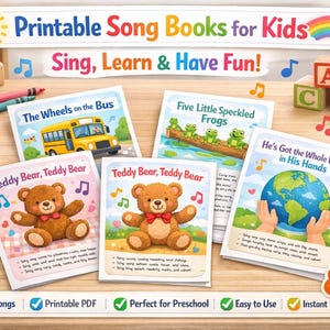 Puede incluir: Una colección de libros de canciones infantiles con títulos como "The Wheels on the Bus" y "Teddy Bear, Teddy Bear." La imagen incluye crayones, bloques de madera y un arcoíris, con el texto "Printable Song Books for Kids" y "Sing, Learn & Have Fun!"