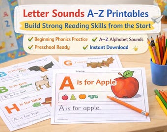 Sons des lettres de A à Z - Imprimables | Activités phoniques pour le préscolaire et la maternelle | Cartes d'apprentissage amusantes de l'alphabet PDF