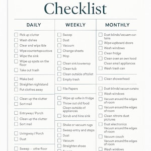 Puede incluir: Una lista de verificación en papel blanco titulada "HOUSE CLEANING Checklist" con tareas diarias, semanales y mensuales. Las tareas incluyen limpieza, organización y actividades de mantenimiento.