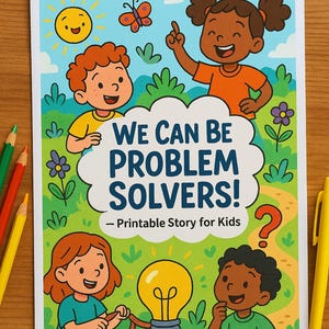 Puede incluir: Una colorida historia imprimible para niños titulada "We Can Be Problem Solvers!" presenta ilustraciones de niños diversos, un sol, una mariposa, flores y una bombilla. La portada está rodeada de lápices y un bolígrafo.