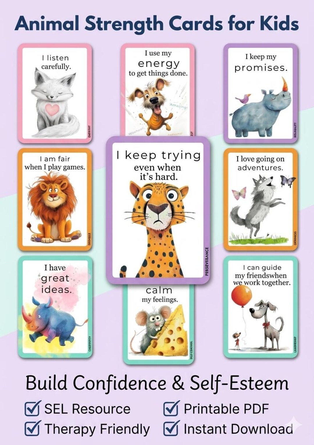 Strength Cards Examples Animal Strength Cards for Kids | SEL Confidence Building Activity ...