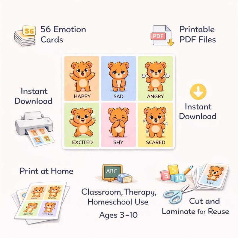Bear Emotions Flashcards – 56 Printable Feelings Cards (PDF Download ...