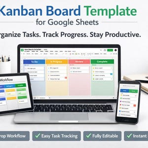 May include: A laptop, tablet, and smartphone display a Kanban board template for Google Sheets. The screens show task workflow organisation with sections for To Do, In Progress, Review, and Complete. Text on the image reads: Organise Tasks. Track Progress. Stay Productive.