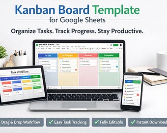 Kanban Board Template for Google Sheets & Excel – Task Tracker, Agile Project Management Workflow Planner