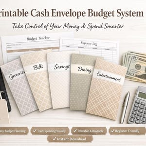 Könnte beinhalten: Ein Bargeld-Umschlag-Budgetsystem mit Umschlägen mit der Aufschrift "Lebensmittel", "Rechnungen", "Ersparnisse", "Essen" und "Unterhaltung". Enthält ein Notizbuch, Geld, einen Taschenrechner und den Text "Printable Cash Envelope Budget System".