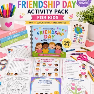 Könnte beinhalten: Ein Internationaler Tag der Freundschaft Aktivitätenpaket für Kinder mit einem spiralgebundenen Buch, druckbaren Arbeitsblättern wie Labyrinth, Wortsuche, Bingo, Freundlichkeits-Challenge, Ausmalbild, Urkunde und Freundschaftsbaum sowie Stiften.