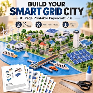 Pode incluir: Um PDF de papercraft imprimível de 10 páginas intitulado BUILD YOUR SMART GRID CITY. A imagem mostra uma maquete de cidade com casas, edifícios, painéis solares, turbinas eólicas e barcos, junto com folhas impressas, tesoura e cola.