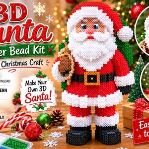 Puede incluir: Un kit de cuentas Perler de Santa en 3D para manualidades navideñas. La imagen muestra una figura de Santa terminada hecha de cuentas rojas, blancas, negras y marrones, con una bolsa sobre el hombro. El kit incluye un patrón PDF y es apto para principiantes.